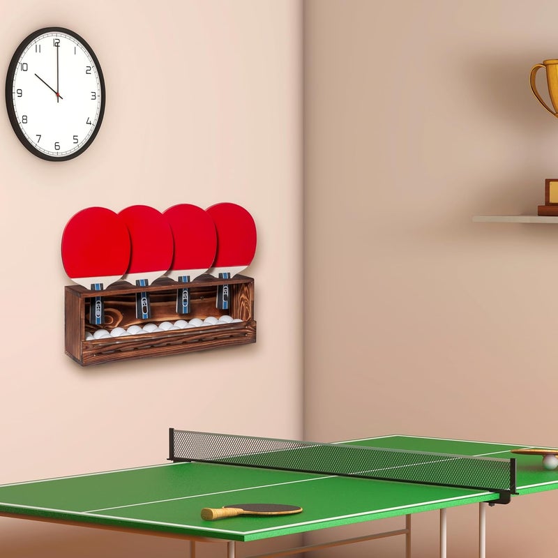 humberboat Ping Pong Paddle Storage Rack, Wall-Mount Table Tennis Paddle Display Holder for 4 Paddles and Ball Storage Shelf, Pine-Wood Ping Pong Rack for Game Room, Bar, Garage, Office, Home - Image 2